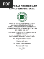 Nivel de Satisfacción y Factores Asociados de Los Usuarios de Consultorios Externos de Medicina Interna Del Hospital Maria Auxiliadora