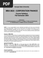 Mba 8622 - Corporation Finance: Course Syllabus Fall Semester 2003