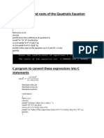 C Program To Find Roots of The Quadratic Equation