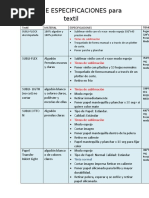 Tabla de Especificaciones para Sublimar