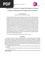 Influence of Laboratory Learning Environment On Students' Academic Performance in Secondary School Chemistry