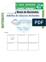 Ficha Suma y Resta de Decimales para Tercero de Primaria