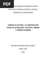 Control de Lectura - La Construcción Social de La Realidad - Peter L Berger y Thomas Luckmann