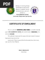 Certificate of Enrolment: Poo Elementary School San Vicente, Olango Island, Lapu-Lapu City