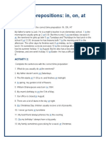 Time Prepositions: In, On, At: Activity 1