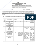 Advertisement For Faculty Positions: I. Details of Educational Qualification and Experience Required For The Posts