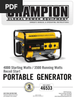 Portable Generator: 4000 Starting Watts / 3500 Running Watts Recoil Start