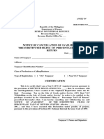 Notice of Cancellation of Availment of The Substituted Filing of Percentage Tax/Vat Return