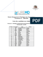 Liste Des Candidats (Es) Admis (Es) : Master Management Et Stratégies Des Organisations Promotion 15: 2020-2022