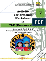 Activity Performance Worksheet in TLE (Dressmaking) : Quarter 2: Week 1 & 2