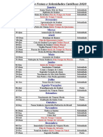 Calendário de Festas e Solenidades Católicas 2020