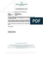 Recommendation Letter: Food & Beverage Departement