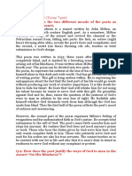 Question-Answer (Essay Type) : Q.1. Comment On The Two Different Moode of The Poets As Revealed by The Sonnet