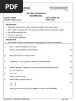 Mid Term Examination September 2021 Grade: Igcse 1 MAX. MARKS: 100 SUBJECT: Mathematics Time: 2 Hrs