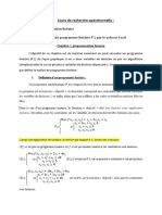 Cours de Recherche Opérationnelle: Chapitre I: Programmation Linéaire Chapitre II: Résolution de Programme Linéaire P.L Par Le Solveur Excel