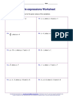 Variable Expressions Worksheet: C D, When C 4 and D 2 Z + S, When Z 9 and S 1