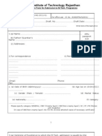 Indian Institute of Technology Rajasthan: Application Form For Admission To M.Tech. Programme