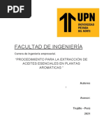 Fac Ultad de Ingen Iería: "Procedimiento para La Extracción de Aceites Esenciales en Plantas Aromáticas "