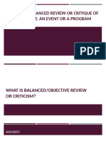 Objective/Balanced Review or Critique of A Work of Art, An Event or A Program