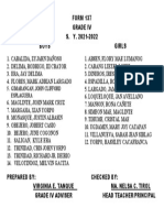 FORM 137 Grade Iv S. Y. 2021-2022 Boys Girls: 5. Gimarangan, John Clifford Esplaguera