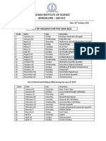 Indian Institute of Science BANGALORE - 560 012: List of Holidays For The Year 2022