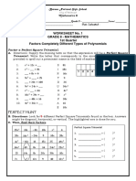 Worksheet No. 1 Grade 8 - Mathematics 1st Quarter Factors Completely Different Types of Polynomials