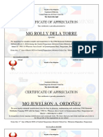 MG Rolly Dela Torre: Certificate of Appreciation