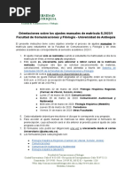 Orientaciones Sobre Los Ajustes Manuales de Matrícula S.2023/1 Facultad de Comunicaciones y Filología - Universidad de Antioquia