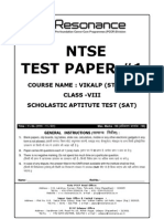 Ntse Test Paper #1: Course Name: Vikalp (Stage-I) Class - Viii Scholastic Aptitute Test (Sat)