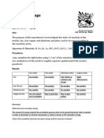 Reactivity of Metals Lab Write Up Sheet