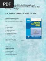 Determination of Optical Constants and Thickness of Nanostructured Zno Film by Spin Coating Technique