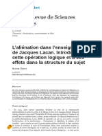 L'aliénation Dans L'enseignement de Jacques Lacan. Introduction À Cette Opération Logique Et À Ses Effets Dans La Structure Du Sujet