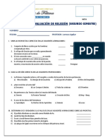 Ficha de Trabajo N°1 - Evaluación de Religión - 2° Secundaria