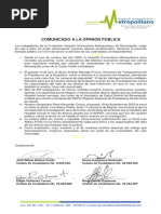 Comunicado de Trabajadores Del Hospital Universitario Metropolitano