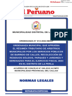 Ordenanza Municipal Que Aprueba El Regimen Tributario de Arb Separata Especial Ord No 013 2022 MDLP y Acuerdo No 060 2022 Acmpc 2134537 1