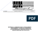 Ordenanza para El Establecimiento Funcionamiento y Control de Los Mercados Publicos Municipales y Mercados Privados Del Municipio Maracaibo