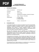 Plan de Trabajo 2017 Departamento de Psicología: Nombre de La Institución