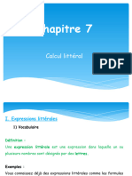 Chapitre 7: Calcul Littéral