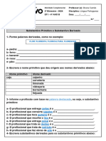 Atividades Substantivo Primitivo e Derivado - 4º Ano B - 2º Bim - 2024