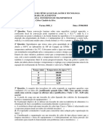 Centro de Ciênicas Sociais, Saúde E Tecnologia Engenharia de Alimentos Disciplina: Fenômenos de Transportes Ii Prof. Dr. Cléber Cândido Da Silva