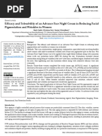 Efficacy and Tolerability of An Advance Face Night Cream in Reducing Facial Pigmentation and Wrinkles in Women