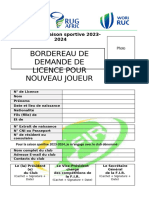 Bordereau de Demande Licence Pour Nouveau Joueur Saison 2023-2024