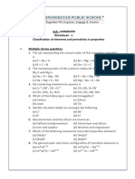 Class: Xi Sub: Chemistry Worksheet - 1 Classification of Elements and Periodicity in Properties