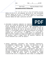 2 Avaliação de Física 1º Ano 2024 Sobre Velocidade Média