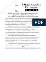 Women Give Obama 6-Point Lead in Pennsylvania, Quinnipiac University Poll Finds Gov. Corbett Job Approval at Lowest Point Ever