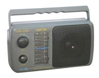 A portable, old-fashioned radio with a handle, two control knobs, a tuning dial, and a speaker grille.