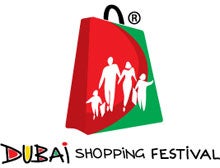 Logo of the Dubai Shopping Festival featuring a red and green shopping bag with silhouettes of a family, and the text "Dubai Shopping Festival" below.