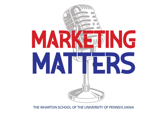 Text reading "Marketing Matters" over a vintage microphone graphic, with "The Wharton School of the University of Pennsylvania" below.