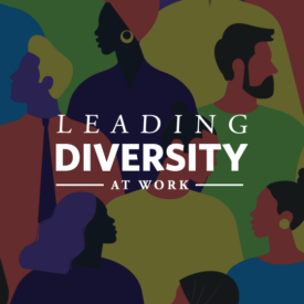 Illustration of diverse silhouettes of people with the text "Leading Diversity at Work."