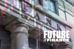 An image of a bank facade with classical columns and the word "BANK" prominently displayed. Overlaid are abstract, colorful data charts and the text "Future of Finance," representing modern financial technology and innovation.